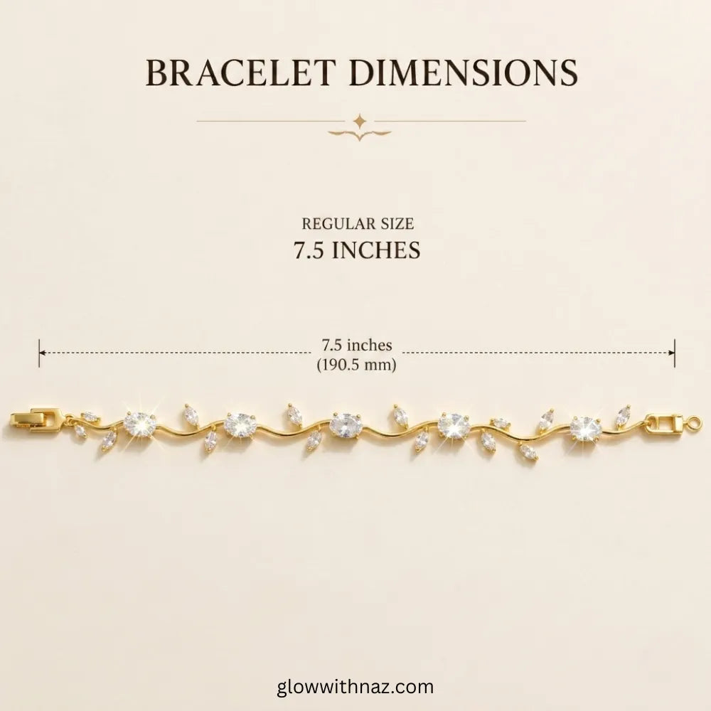 Bracelet dimensions chart showing a gold vine-style bracelet with clear stones, labeled as 7.5 inches (190. Tulip Rapunzel bracelet, floral tulip bracelet, Rapunzel inspired jewelry, aesthetic tulip bracelet, trendy charm bracelet, stainless steel tulip bracelet, gold plated flower bracelet, delicate floral wrist accessory, cute aesthetic jewelry, viral tulip bracelet, Rapunzel theme accessories, dainty floral bracelet, crystal tulip charm, stacking bracelets for women, minimalist floral jewelry, spring aes