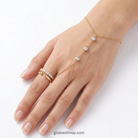 Waterproof 18k Gold Plated Haath Phool Crystal Hand Chain Bracelet
