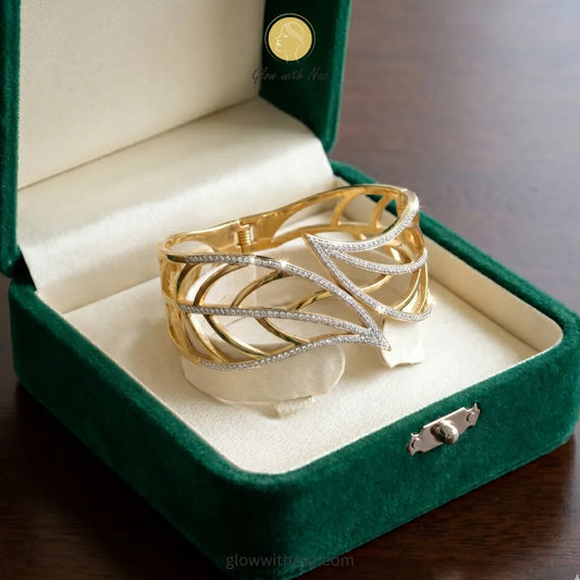 Wide geometric gold cuff bracelet with pave stones by Glow with Naz