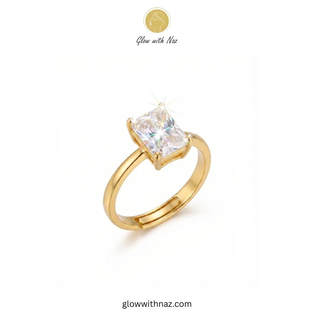 Adjustable Golden Radiant Rectangle Diamond Ring - Adjustable Golden Radiant Rectangle Diamond RingJewelryGlow With NazGlow With NazR021Golden radiant rectangle diamond ring sparkling on a white background ring, girls rings, rings for girls, rings simple, simple rings, stainless steel jewelry, jewellery set, aesthetic jewelry, simple jewellery, chain, jewelry, artificial jewellery