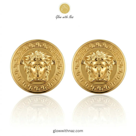 Anti Tarnish Gold Stud Versace Medusa Earring Studs - Anti Tarnish Gold Stud Versace Medusa Earring StudsJewelryGlow With NazGlow With NazE020E020Pair of iconic medusa-inspired gold stud earrings with greek key border against white background
