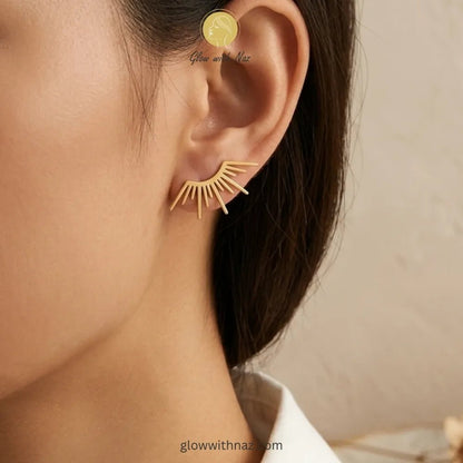 Anti-Tarnish Radiant Sunburst Small Stud Earrings for Girls - Anti-Tarnish Radiant Sunburst Small Stud Earrings for GirlsJewelryGlow With NazGlow With NazE011E011Close-up view of polished gold-tone sunburst ear climbers