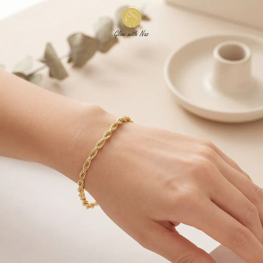 Anti-Tarnish Stunning Twisted Rope Bracelet for Women - Anti-Tarnish Stunning Twisted Rope Bracelet for WomenJewelryGlow With NazGlow With NazB0059B0059The viral trending simple bracelet design showcasing a comfortable hand chain bracelet fit on a model