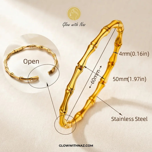Measurement diagram of stainless steel gold bamboo cuff showing 4mm band width and hinge clasp by Glow With Naz
