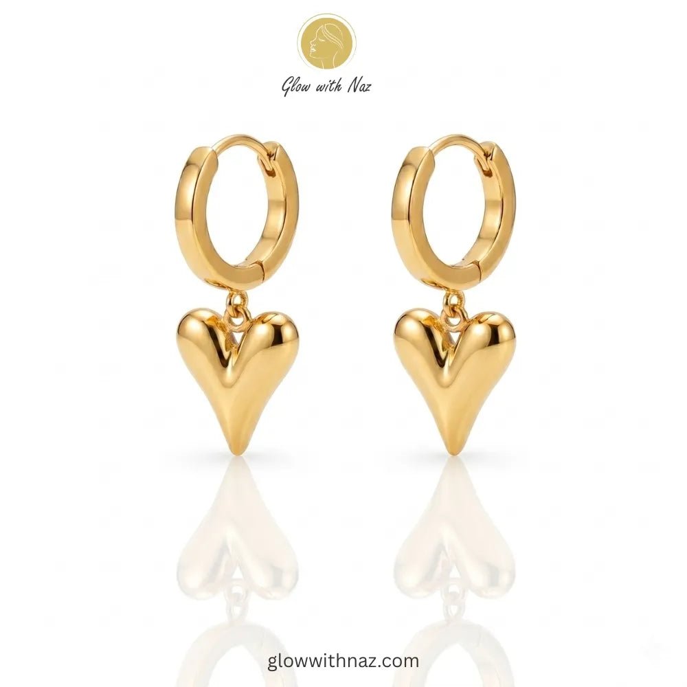 Bundle Offer: Anti-Tarnish Puffy Heart Pendant Necklace & Puffy Heart Hoop Earrings - Bundle Offer: Anti-Tarnish Puffy Heart Pendant Necklace & Puffy Heart Hoop EarringsJewelryGlow With NazGlow With NazClose-up view of polished gold-tone heart drop earrings on a white background