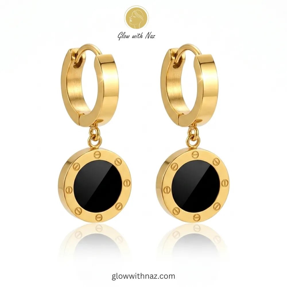 Bundle Offer: Black Dot Gold Roman Numeral Mesh Ring, Hoop Earring & Hand Cuff Bracelet - Bundle Offer: Black Dot Gold Roman Numeral Mesh Ring, Hoop Earring & Hand Cuff BraceletJewelryGlow With NazGlow With Naz6Pair of sophisticated gold-tone hoop earrings with black and gold Roman-inspired drop pendants