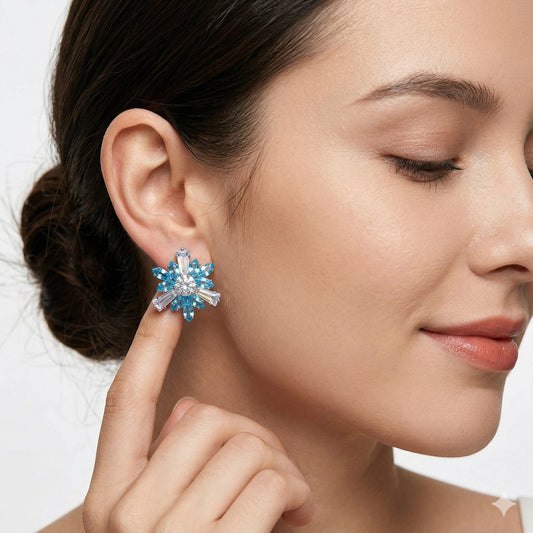 Celestial Aqua Starburst Studs with Baguette Crystal Accents - Celestial Aqua Starburst Studs with Baguette Crystal AccentsJewelryGlow with NazGlow With NazN-E003Celestial Aqua Starburst Studs with Baguette Crystal Accents
