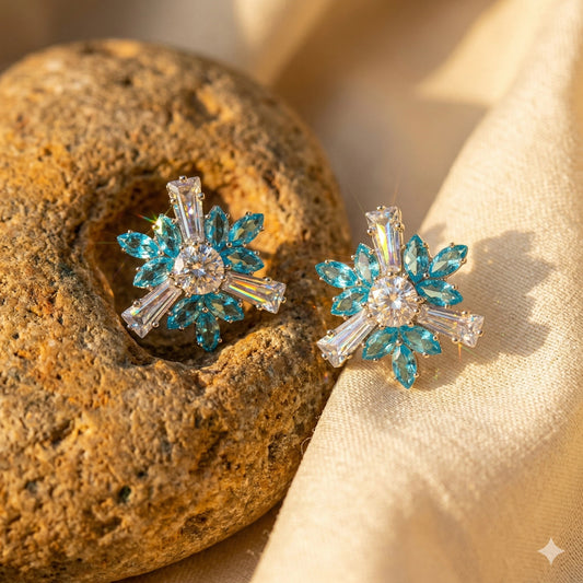 Celestial Aqua Starburst Studs with Baguette Crystal Accents - Celestial Aqua Starburst Studs with Baguette Crystal AccentsJewelryGlow with NazGlow With NazN-E003Celestial Aqua Starburst Studs with Baguette Crystal Accents