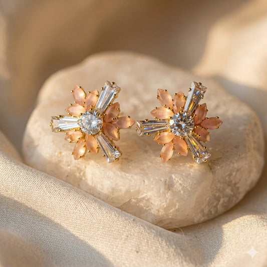 Celestial Peach Sunburst Studs with Baguette Crystal Accents - Celestial Peach Sunburst Studs with Baguette Crystal AccentsJewelryGlow with NazGlow With NazN-E001Celestial Peach Sunburst Studs with Baguette Crystal Accents