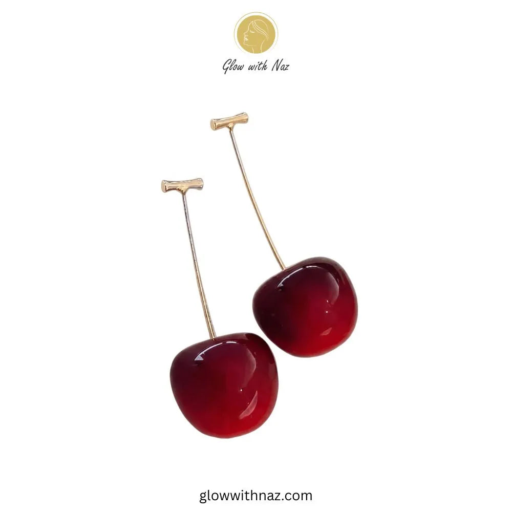 Gold bar stud earrings with long stem and deep red translucent resin glass cherry drops by Glow With Naz