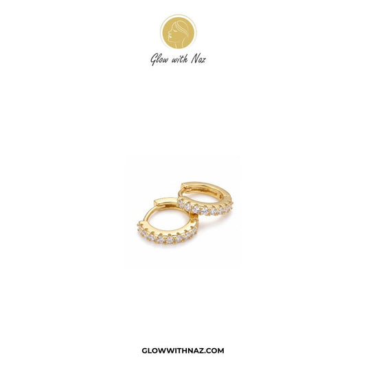 Cute Mini Zircon Crystal Hoop for Girls - Cute Mini Zircon Crystal Hoop for GirlsJewelryGlow With NazGlow With NazE039A pair of gold huggie hoop earrings adorned with small clear pavé stones, displayed on a clean white background with the brand logo 'Glow with Naz' at the top and 'GLOWWITHNAZ.COM' at the bottom.studs earrings, small earrings, girls earrings, simple earrings, earrings for girls, black earrings, earrings, ear rings, earrings tops, stud earrings, tops earrings, aesthetic earrings, 