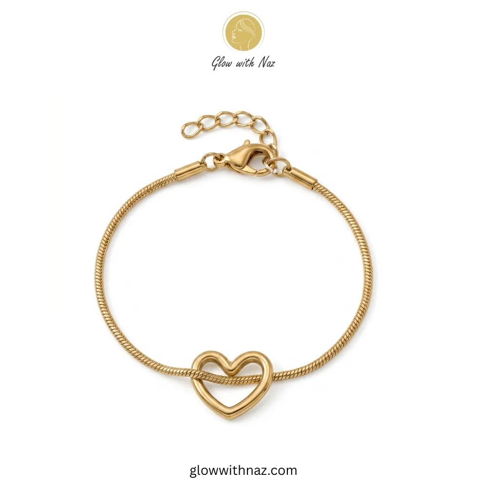 Dainty Heart Charm Gold-plated Stainless Steel Chain Bracelet - Dainty Heart Charm Gold-plated Stainless Steel Chain BraceletJewelryGlow With NazGlow With NazB0054B0054Dainty gold heart charm snake chain bracelet by Glow with Naz