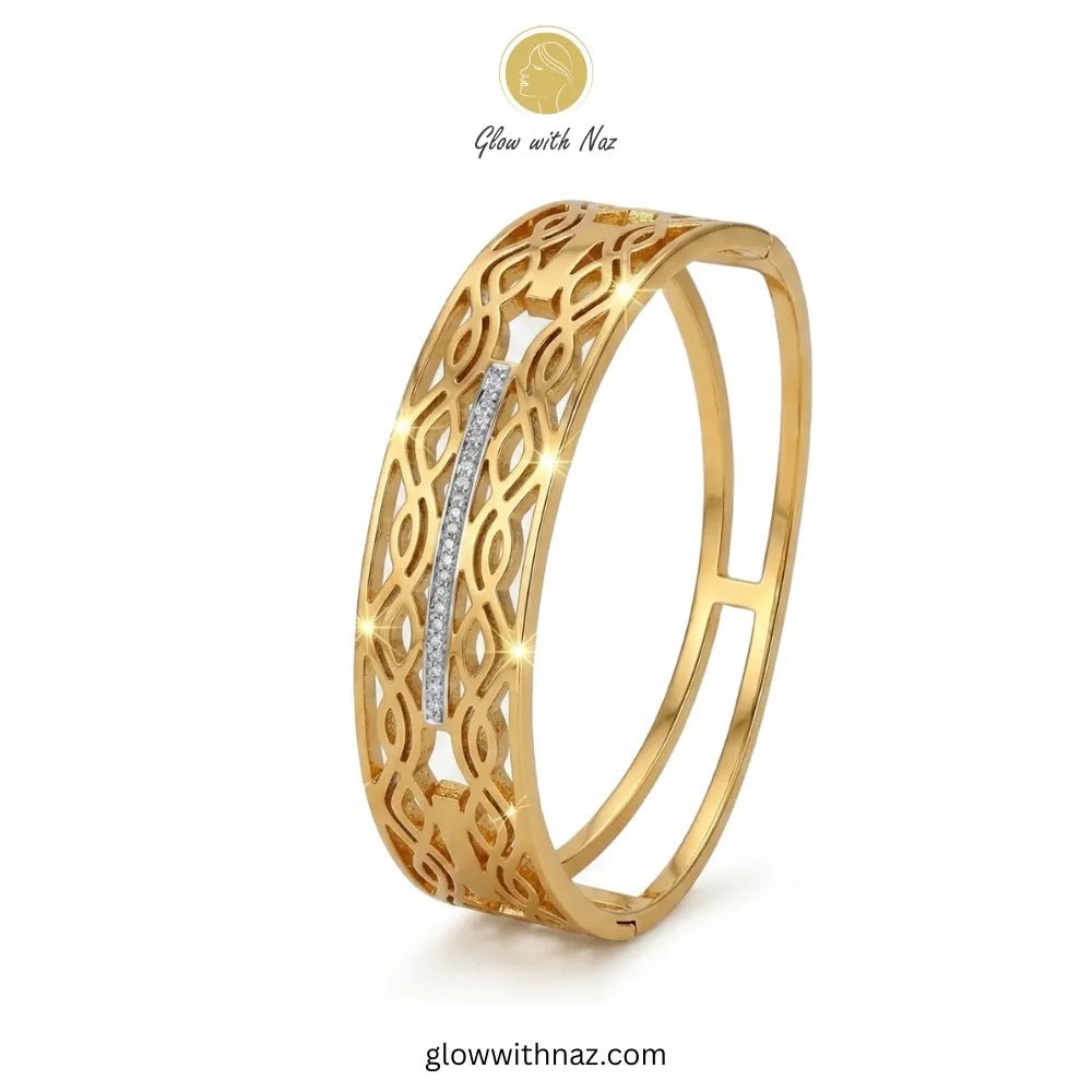 Elegant Filigree Gold-Plated Stainless Steel Hand Cuff Bracelet - Elegant Filigree Gold-Plated Stainless Steel Hand Cuff BraceletJewelryGlow With NazGlow With NazB0044B0044Elegant filigree gold bangle with diamond-look bar by Glow with Naz