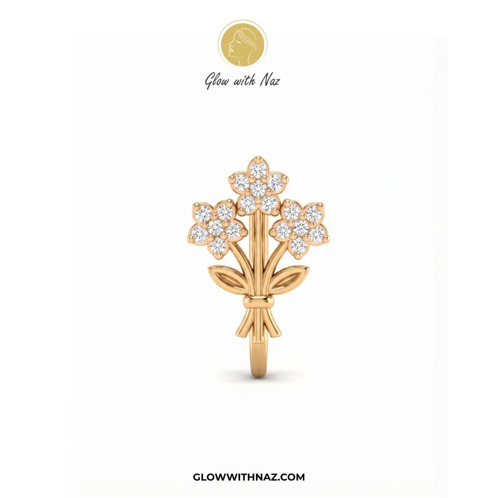Gold non-pierced chutki floral bouquet nose pin with clear zircon crystals on white background by Glow With Naz