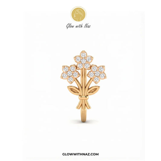 Gold non-pierced chutki floral bouquet nose pin with clear zircon crystals on white background by Glow With Naz