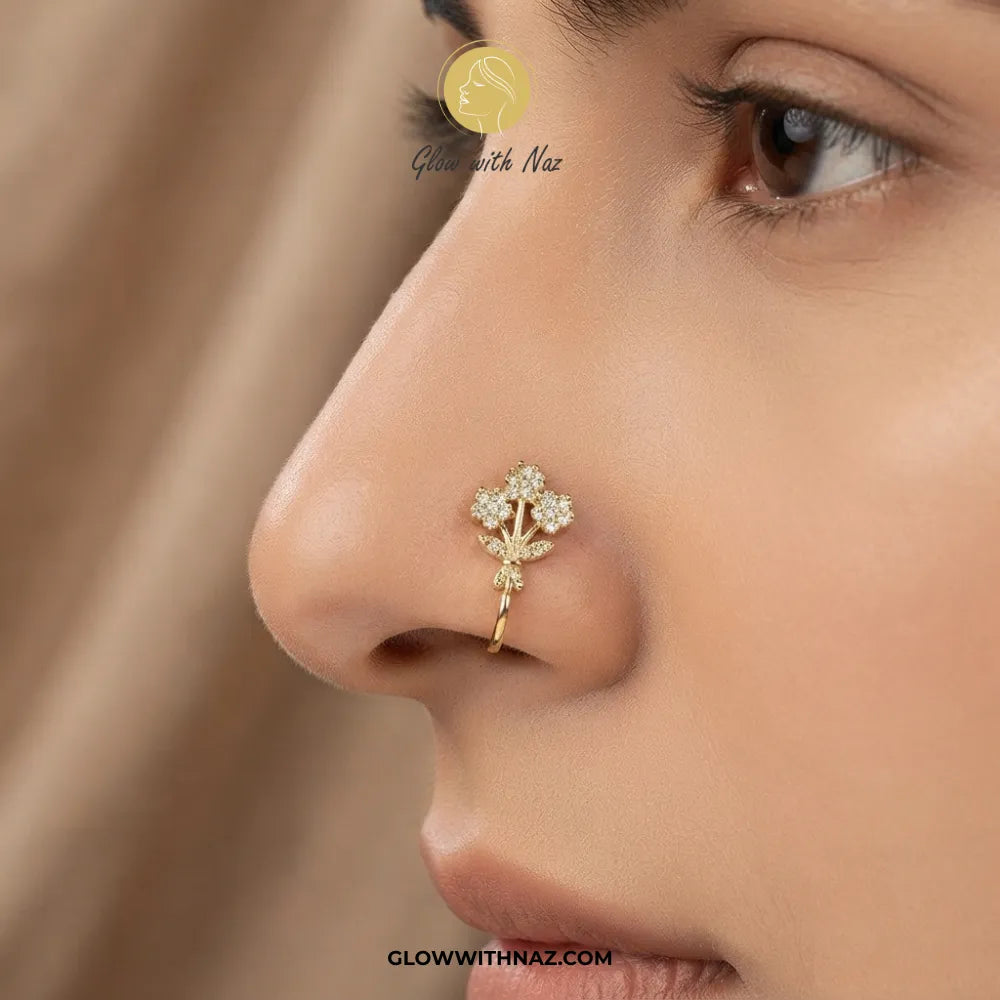 Non-pierced gold floral bouquet chutki nose pin worn on model nostril by Glow With Naz
