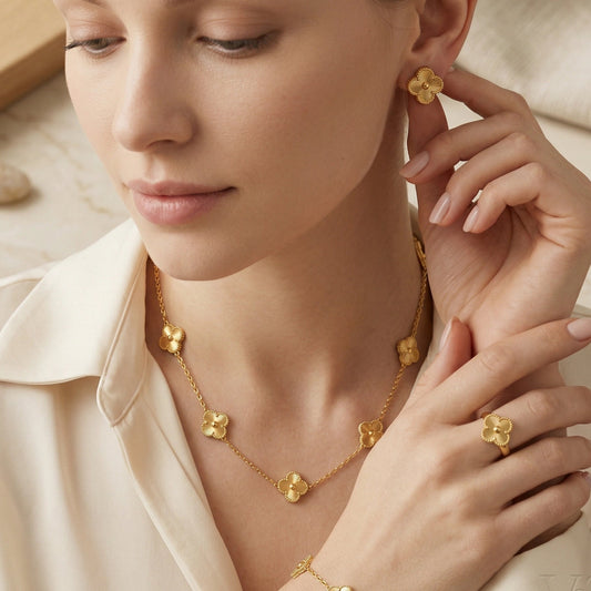 Four - Leaf Gold Jewellery Set – Necklace, Earrings, Ring & Bracelet - Four - Leaf Gold Jewellery Set – Necklace, Earrings, Ring & BraceletJewelryGlow with NazGlow With NazN-N002Four - Leaf Gold Jewellery Set – Necklace, Earrings, Ring & Bracelet