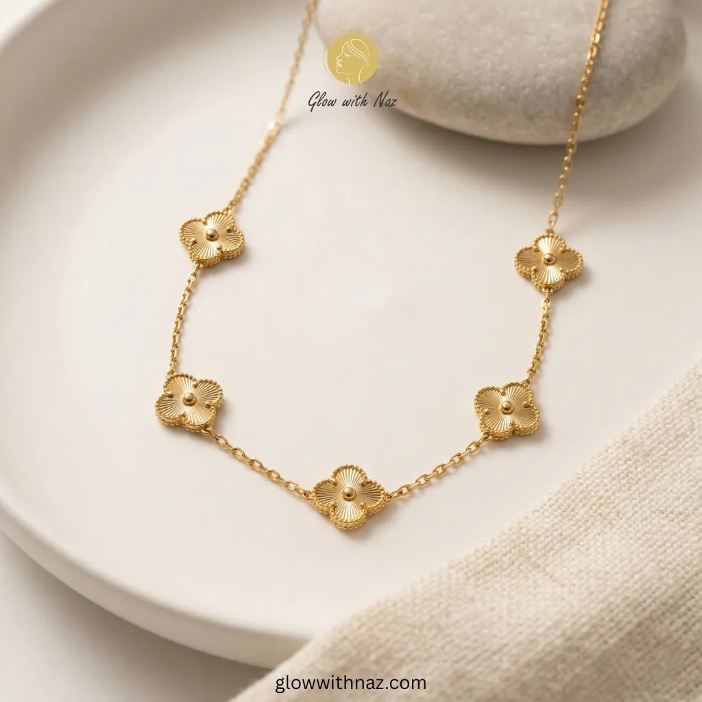 Four - Leaf Gold Jewellery Set – Necklace, Earrings, Ring & Bracelet - Four - Leaf Gold Jewellery Set – Necklace, Earrings, Ring & BraceletJewelryGlow with NazGlow With NazN-N002N-N002Four - Leaf Gold Jewellery Set – Necklace, Earrings, Ring & Bracelet