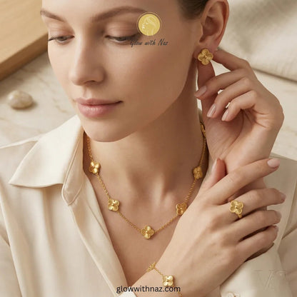 Four - Leaf Gold Jewellery Set – Necklace, Earrings, Ring & Bracelet - Four - Leaf Gold Jewellery Set – Necklace, Earrings, Ring & BraceletJewelryGlow with NazGlow With NazN-N002N-N002Four - Leaf Gold Jewellery Set – Necklace, Earrings, Ring & Bracelet
