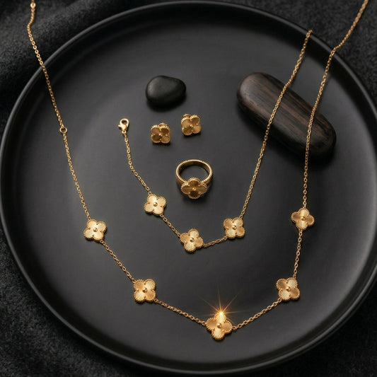 Four - Leaf Gold Jewellery Set – Necklace, Earrings, Ring & Bracelet - Four - Leaf Gold Jewellery Set – Necklace, Earrings, Ring & BraceletJewelryGlow with NazGlow With NazN-N002Four - Leaf Gold Jewellery Set – Necklace, Earrings, Ring & Bracelet