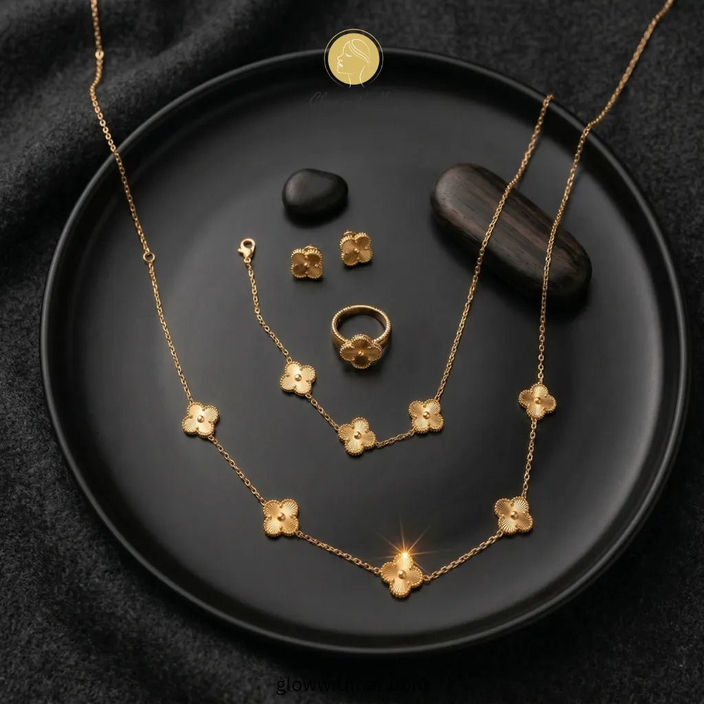 Four - Leaf Gold Jewellery Set – Necklace, Earrings, Ring & Bracelet - Four - Leaf Gold Jewellery Set – Necklace, Earrings, Ring & BraceletJewelryGlow with NazGlow With NazN-N002N-N002Four - Leaf Gold Jewellery Set – Necklace, Earrings, Ring & Bracelet
