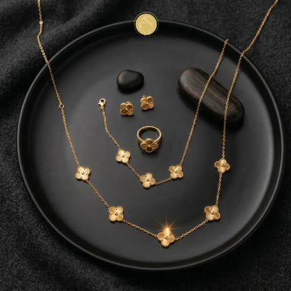 Four - Leaf Gold Jewellery Set – Necklace, Earrings, Ring & Bracelet - Four - Leaf Gold Jewellery Set – Necklace, Earrings, Ring & BraceletJewelryGlow with NazGlow With NazN-N002N-N002Four - Leaf Gold Jewellery Set – Necklace, Earrings, Ring & Bracelet