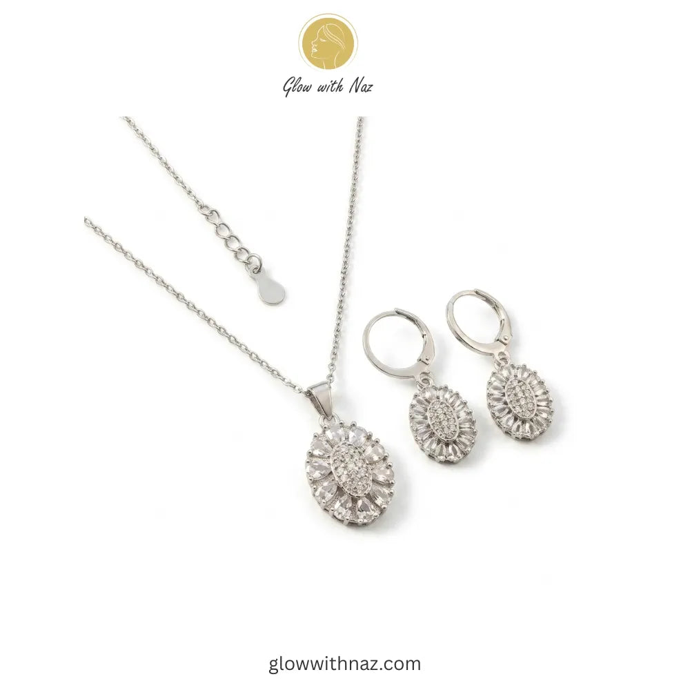 Silver Zircon Necklace & Hoop Earrings Set