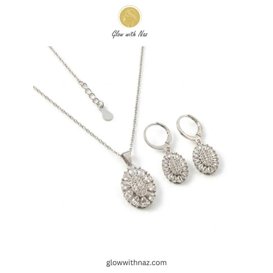 Silver Zircon Necklace & Hoop Earrings Set