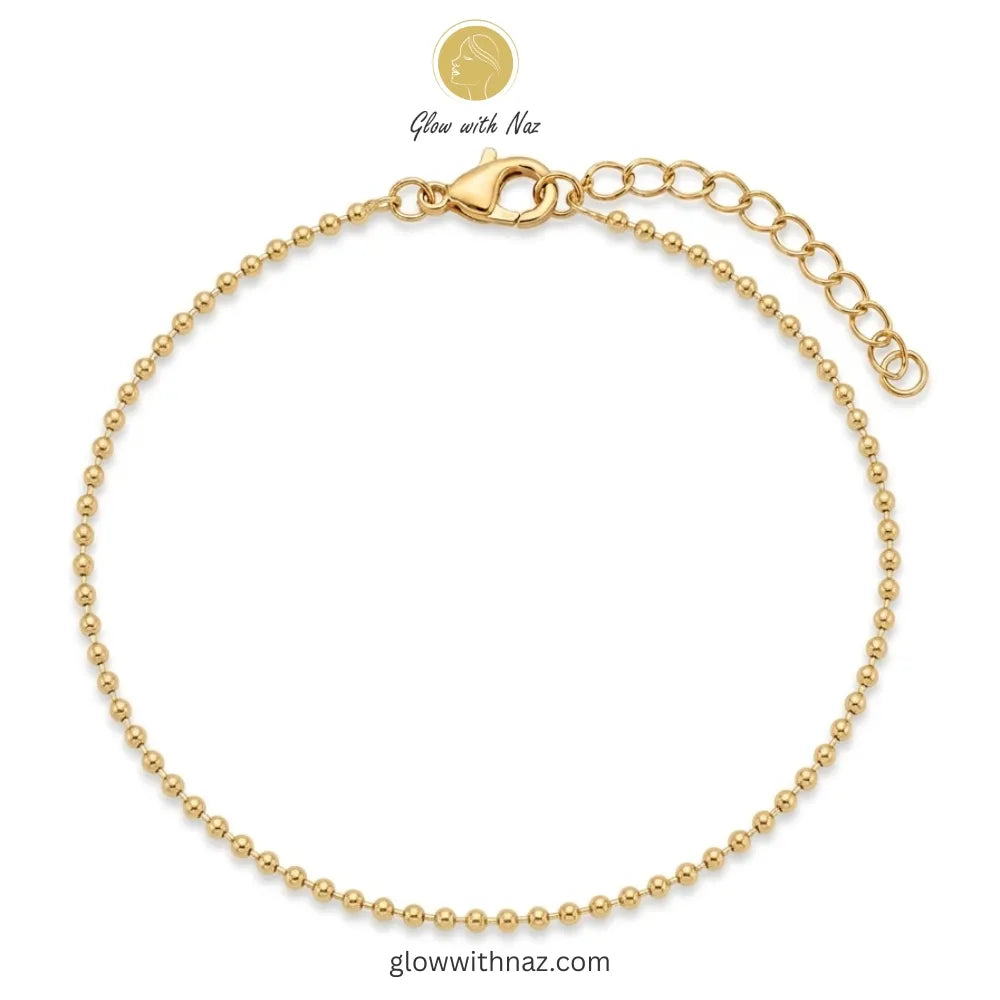 Gold ball chain anklet with lobster clasp and extension chain in 18K gold plated stainless steel, anti-tarnish payal online Pakistan by Glow with Naz