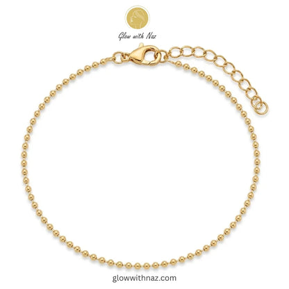 Gold ball chain anklet with lobster clasp and extension chain in 18K gold plated stainless steel, anti-tarnish payal online Pakistan by Glow with Naz