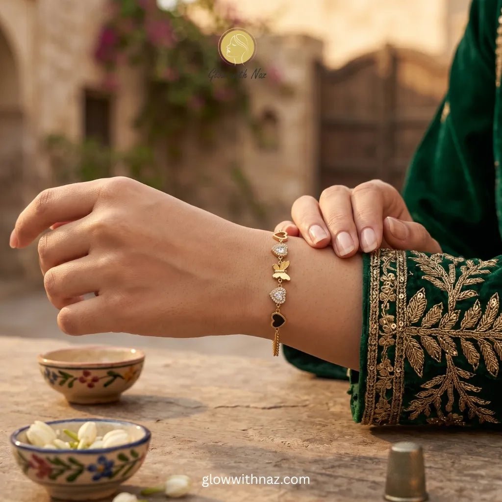 Gold Butterfly & Heart Charm Chain Bracelet - Gold Butterfly & Heart Charm Chain BraceletJewelryGlow With NazGlow With NazN-B028N-B028Gold Butterfly & Heart Charm Chain Bracelet Online Pakistan | Glow with Naz
