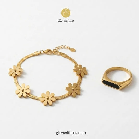 Gold Daisy Bracelet & Signet Ring Deal - Gold Daisy Bracelet & Signet Ring DealJewelryGlow With NazGlow With Naz100017100017Gold Daisy Flower Bracelet & Black Enamel Signet Ring Deal Offer in Pakistan – Anti - Tarnish Stainless Steel Combo | Glow with Naz