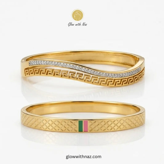 Gold Designer Bangles Deal Offer - Gold Designer Bangles Deal OfferJewelryGlow With NazGlow With Naz100013100013Gold Greek Key Crystal & Diamond Pattern Enamel Bangle Deal Offer in Pakistan – Anti - Tarnish Stainless Steel Combo | Glow with Naz