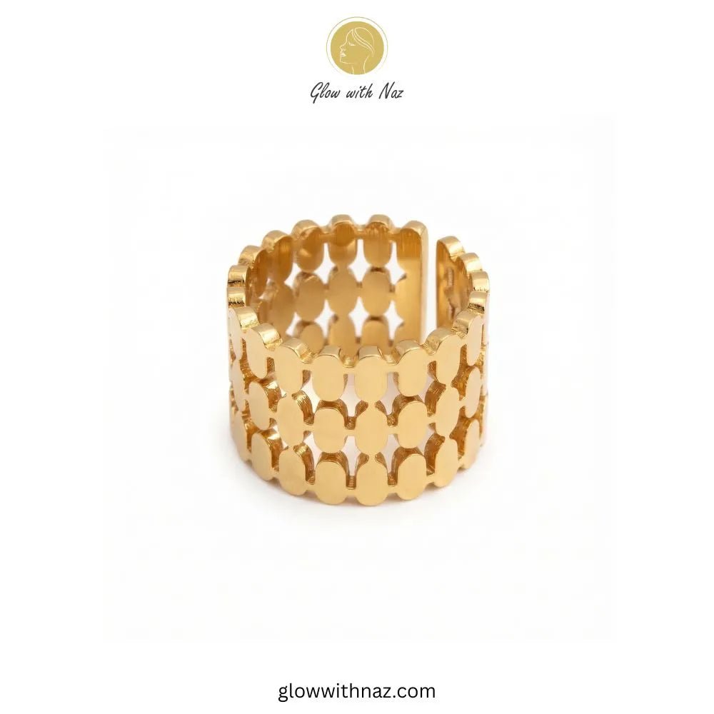 Gold Double Zip Stainless Steel Ring - #Gold Double Zip Stainless Steel RingJewelryGlow With NazGlow With NazR00318Gold double zip stainless steel wide statement ring on white display tray by Glow With Naz#