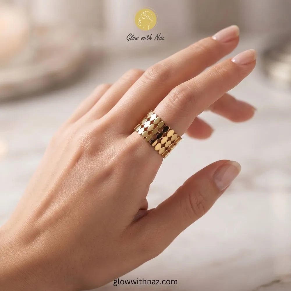 Gold Double Zip Stainless Steel Ring - #Gold Double Zip Stainless Steel RingJewelryGlow With NazGlow With NazR00318Gold double zip stainless steel wide band ring worn on hand by Glow With Naz#