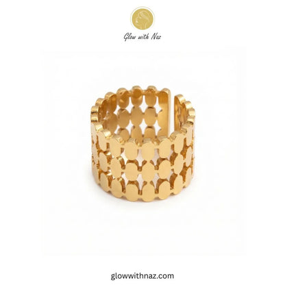 Gold double zip stainless steel wide statement ring on white display tray by Glow With Naz