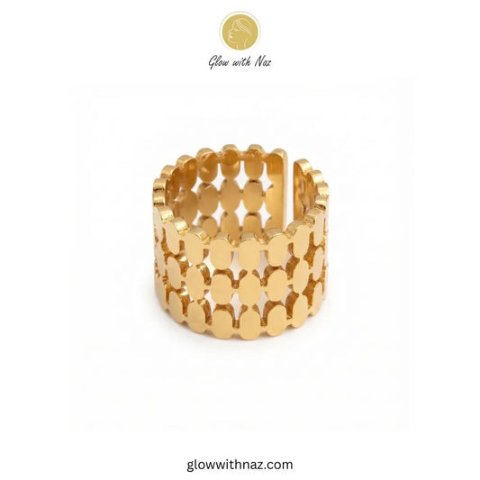 Gold double zip stainless steel wide statement ring on white display tray by Glow With Naz
