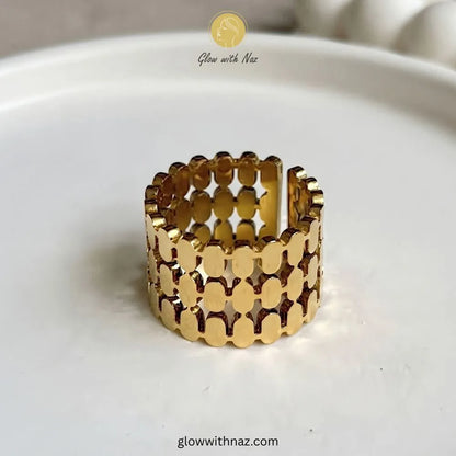 High-shine gold double zip geometric stainless steel ring by Glow With Naz