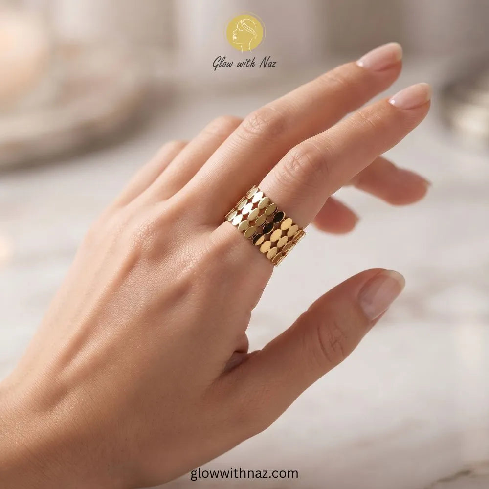 Gold double zip stainless steel wide band ring worn on hand by Glow With Naz