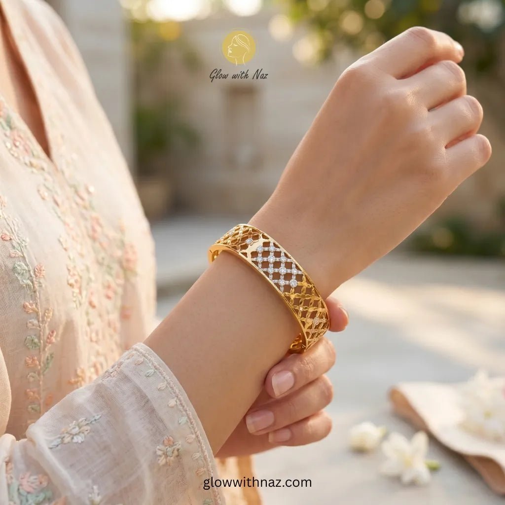 Gold Filigree Cutwork Zircon Bangle Bracelet - Gold Filigree Cutwork Zircon Bangle BraceletJewelryGlow With NazGlow With NazN-B034N-B034Gold Filigree Cutwork Zircon Bangle Bracelet Online Pakistan | Glow with Naz