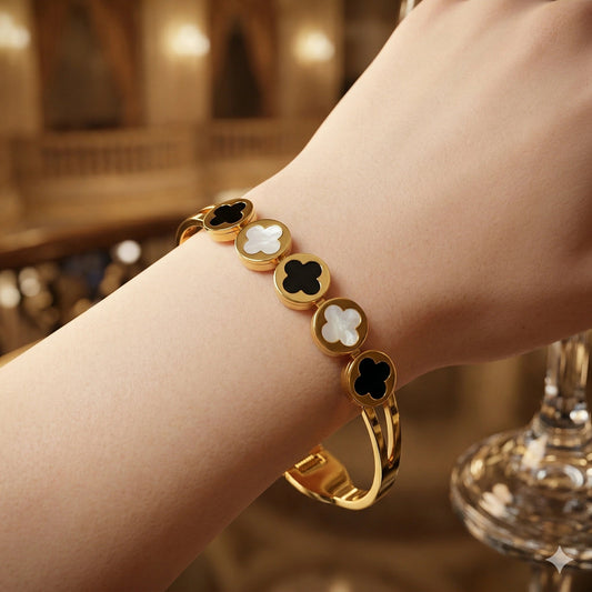 Gold Four - Leaf Clover Black & White Enamel Bangle - Gold Four - Leaf Clover Black & White Enamel BangleJewelryGlow with NazGlow With NazN-B011Gold Four - Leaf Clover Black & White Enamel Bangle