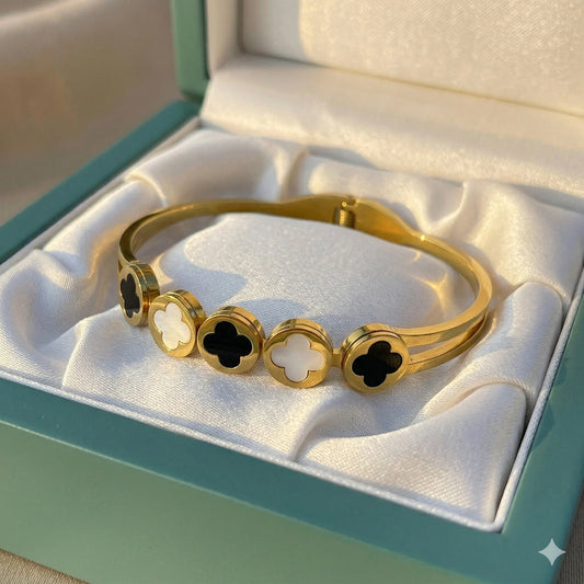Gold Four - Leaf Clover Black & White Enamel Bangle - Gold Four - Leaf Clover Black & White Enamel BangleJewelryGlow with NazGlow With NazN-B011Gold Four - Leaf Clover Black & White Enamel Bangle