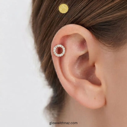 Gold open halo circle CZ piercing stud with screw ball back barbell by Glow With Naz
