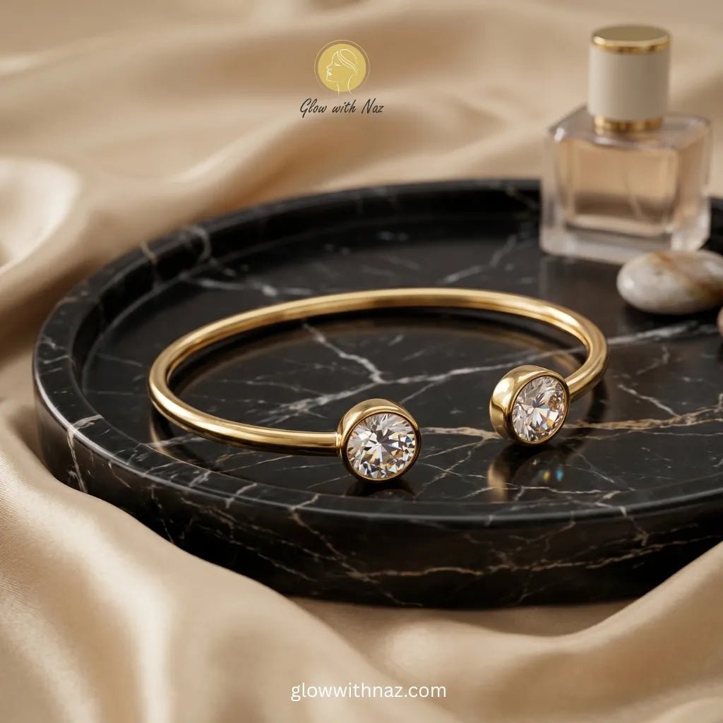 Gold Laam Bracelet Zircon Open Cuff Bangle - Gold Laam Bracelet Zircon Open Cuff BangleJewelryGlow With NazGlow With NazN-B018N-B018Gold Laam Bracelet Double Zircon Open Cuff Bangle in Pakistan – Anti - Tarnish Pure Stainless Steel | Glow with Naz
