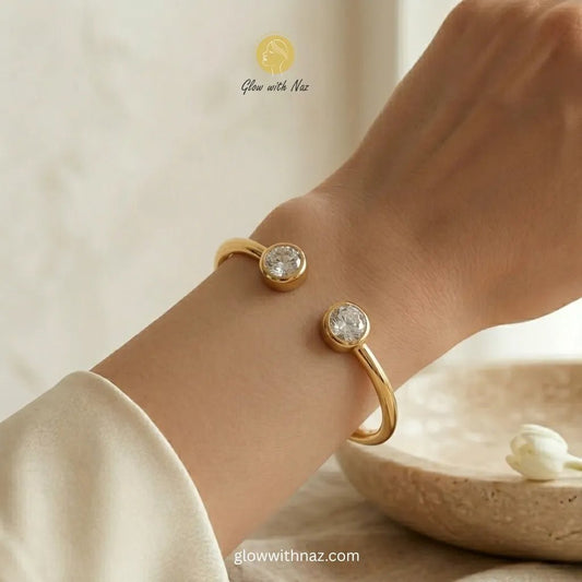 Gold Laam Bracelet Zircon Open Cuff Bangle - Gold Laam Bracelet Zircon Open Cuff BangleJewelryGlow With NazGlow With NazN-B018N-B018Gold laam bracelet with double zircon open cuff bangle worn on wrist — anti - tarnish stainless steel laam bracelet online in Pakistan by Glow with Naz