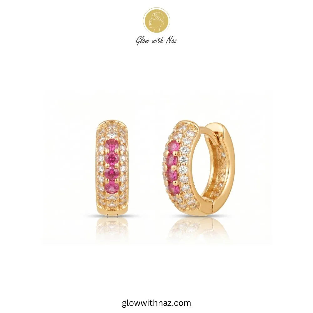 Gold multi row pave zircon huggie hoop earrings featuring 4 pink center accent stones by Glow With Naz