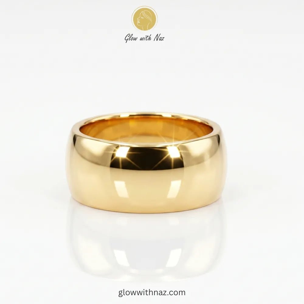 Gold-Plated Anti-Tarnish Wide Dome Band Simple Ring - Gold-Plated Anti-Tarnish Wide Dome Band Simple RingJewelryGlow With NazGlow With NazR006R0066Gold wide dome band ring in mirror-polished 18K gold plated stainless steel, anti-tarnish chunky ring available online in Pakistan by Glow with Naz, ring, girls rings, rings for girls, rings simple, simple rings, stainless steel jewelry, jewellery set, aesthetic jewelry, simple jewellery, chain, jewelry, artificial jewellery, green jewellery, girls je