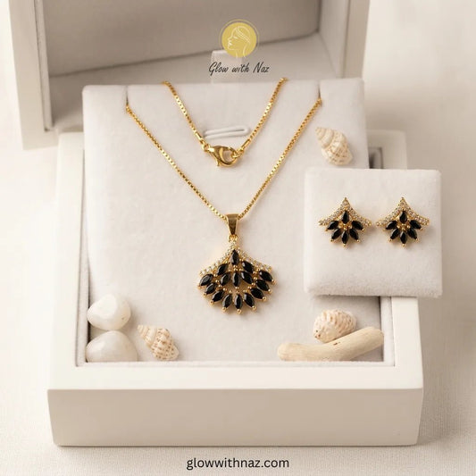 Gold Plated Black Zircon Stone Necklace Set - Gold Plated Black Zircon Stone Necklace SetJewelryGlow With NazGlow With NazN-N010N-N010Gold Plated Black Zircon Stone Necklace Set