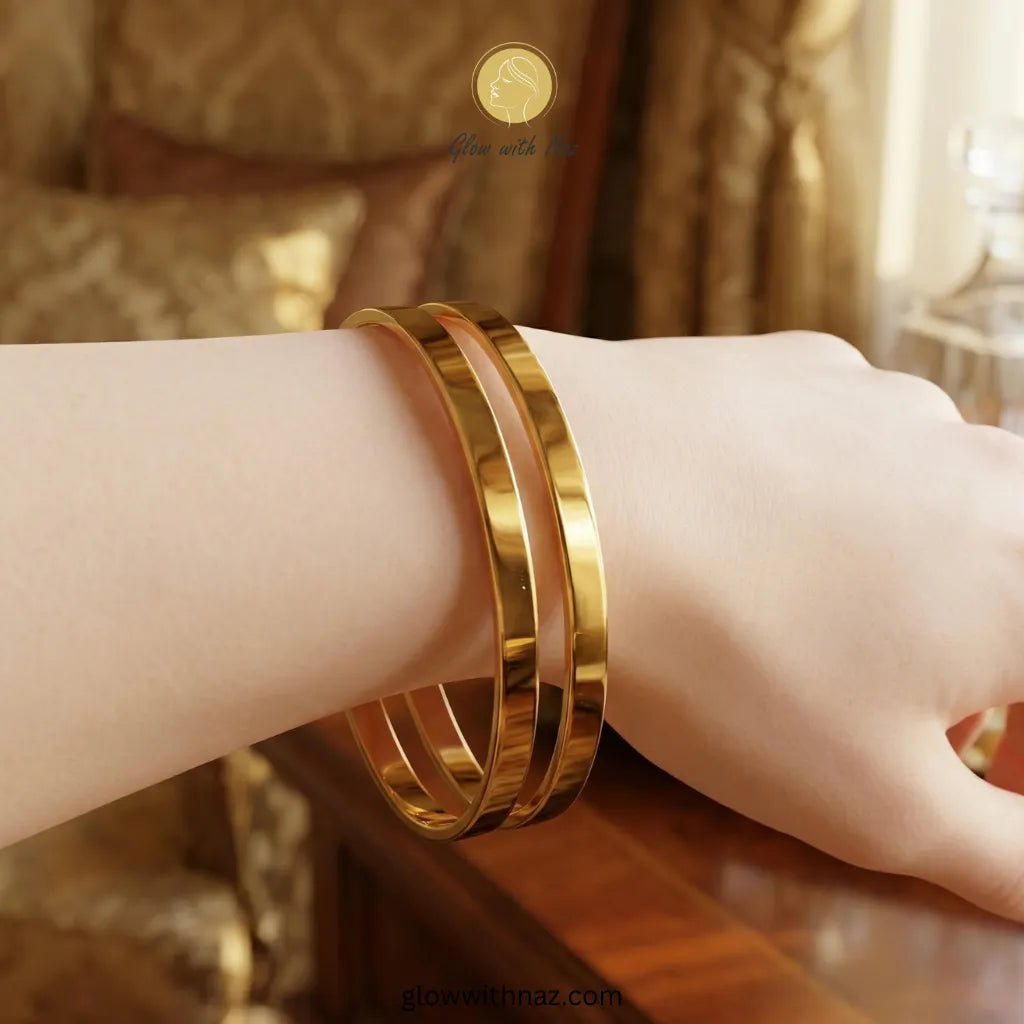 Gold Plated High - Polish 18K Gold Bangle Set - Gold Plated High - Polish 18K Gold Bangle SetJewelryGlow with NazGlow With NazN-B002N-B002Gold Plated High - Polish 18K Gold Bangle Set