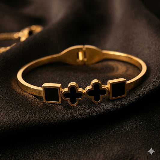Gold plated stainless steel waterproof Black lucky clover bangle bracelet - Gold plated stainless steel waterproof Black lucky clover bangle braceletJewelryGlow with NazGlow With NazN-B005Gold plated stainless steel waterproof Black lucky clover bangle bracelet